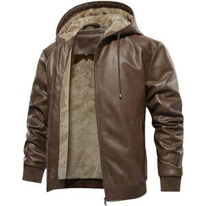 Brand New Men's Brown Polyester Sherpa Lined Hooded Faux Leather Bomber Jacket